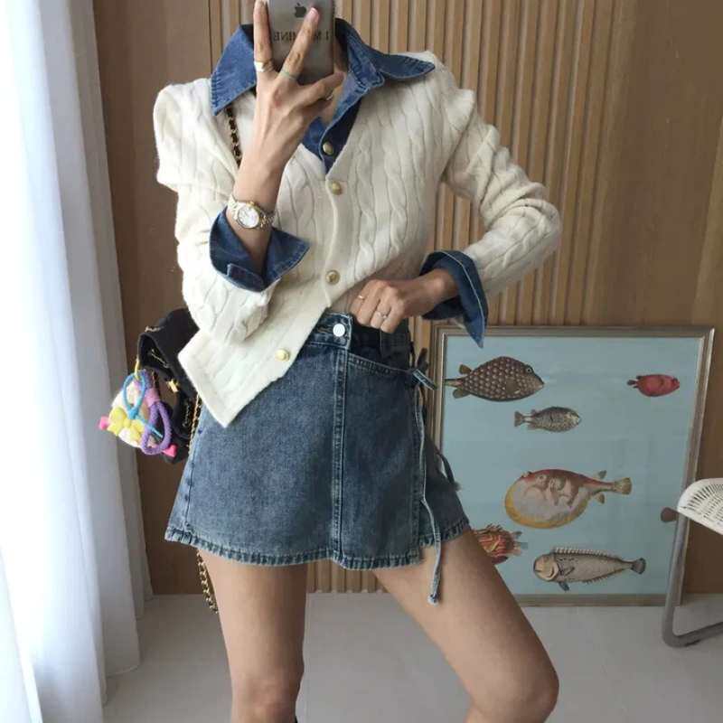 2026春季新品韩版牛仔翻领拼接假两件长袖麻花针织衫百搭毛衣上衣