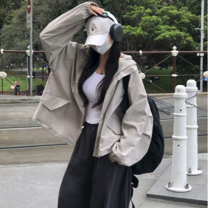韩风chic2026春复古帅气街头风拉链宽松大码长袖连帽夹克风衣外套