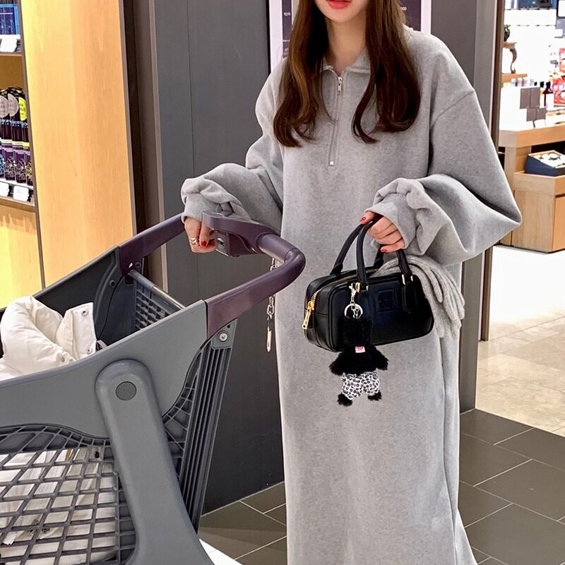 韩国chic2026春季新款大码慵懒卫衣抓绒连衣裙休闲中长款裙子女