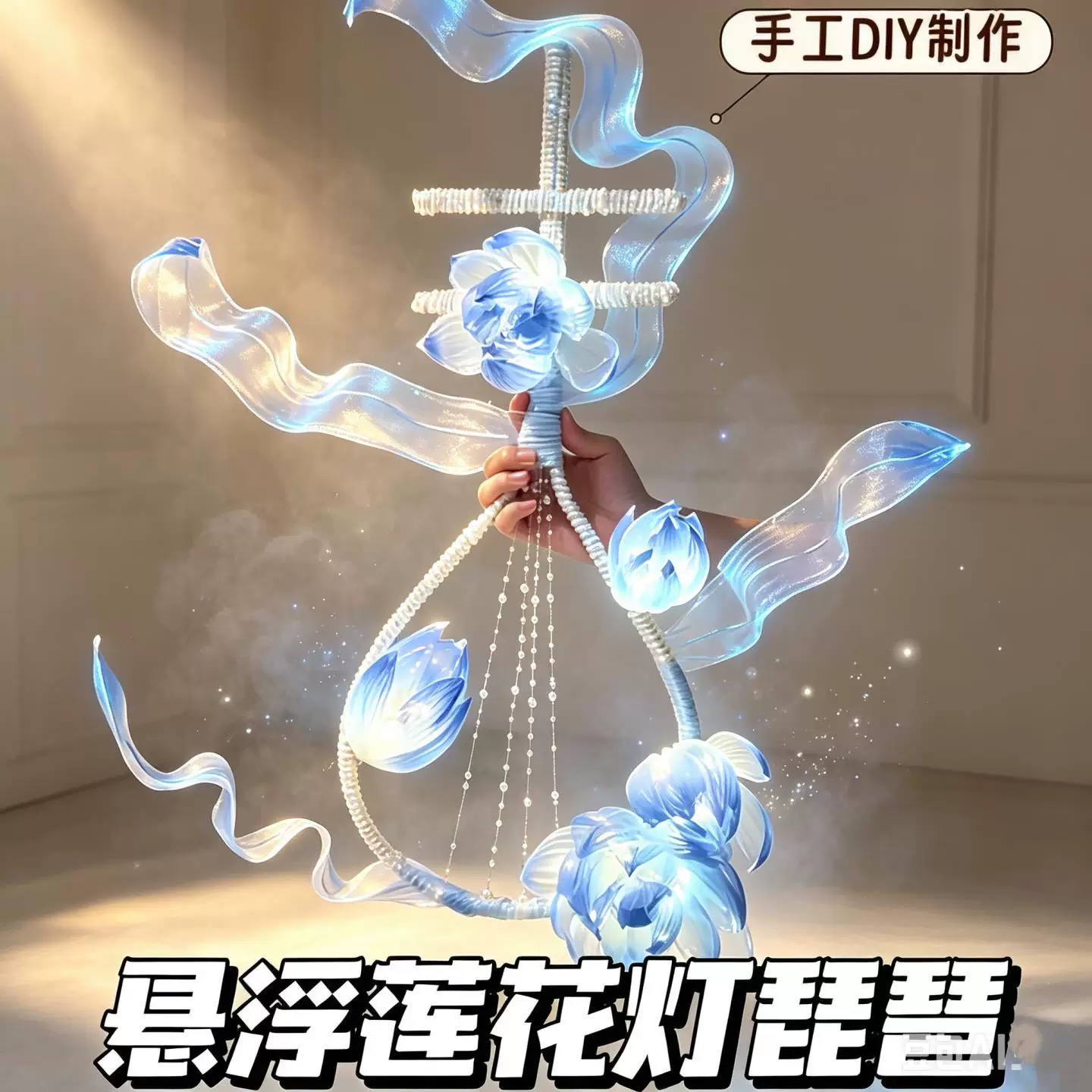 蓝悬浮莲花灯琵琶造型DIY手工