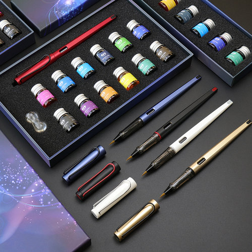 狮美乐旗舰店 新款毛笔小楷书法初学者用软头笔可加墨秀丽笔抄经钢笔式吸墨狼毫软笔墨水套装细24色墨水套装