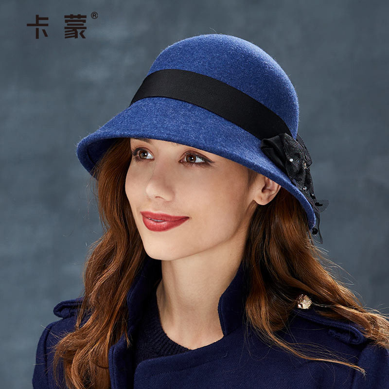 卡蒙全羊毛毡帽优雅毛呢帽子女秋冬英伦礼帽蕾丝网纱蝴蝶结小盆帽
