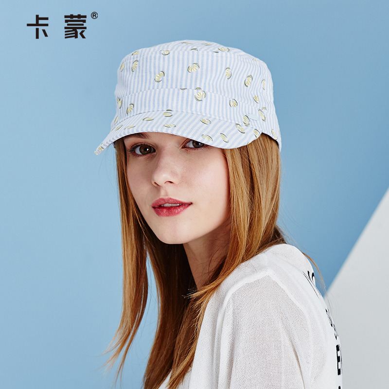 卡蒙软顶纯棉刺绣平顶帽女休闲条纹遮阳帽春秋百搭鸭舌帽夏舒适