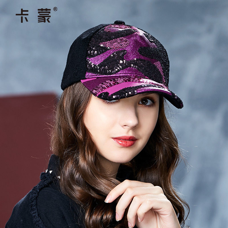 卡蒙秋季毛呢棒球帽女冬厚款毛绒弯檐亮片帽子加厚羊毛鸭舌帽休闲