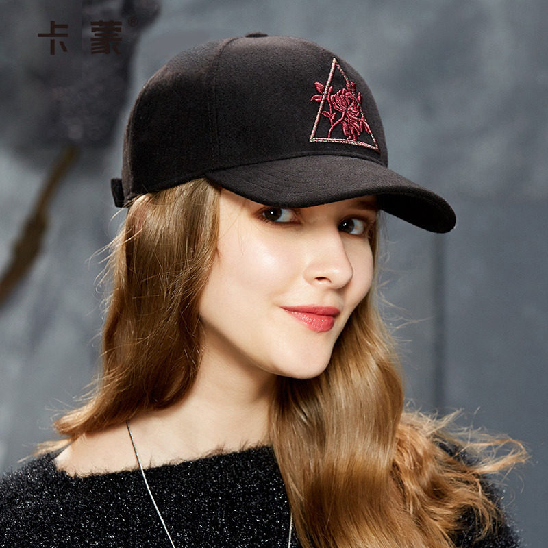 卡蒙羊毛帽子女冬天黑色英伦鸭舌帽青年刺绣棒球帽加厚保暖毛呢帽