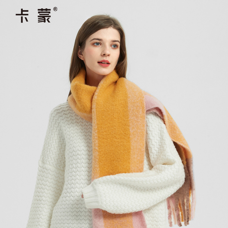 卡蒙亲肤绵羊毛时尚韩版百搭格子流苏围巾女冬天舒适保暖毛绒围脖