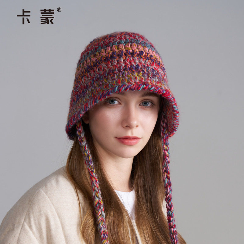 卡蒙秋冬厚款渔夫帽针织帽女士2025新款防风防寒保暖飘带毛线帽子