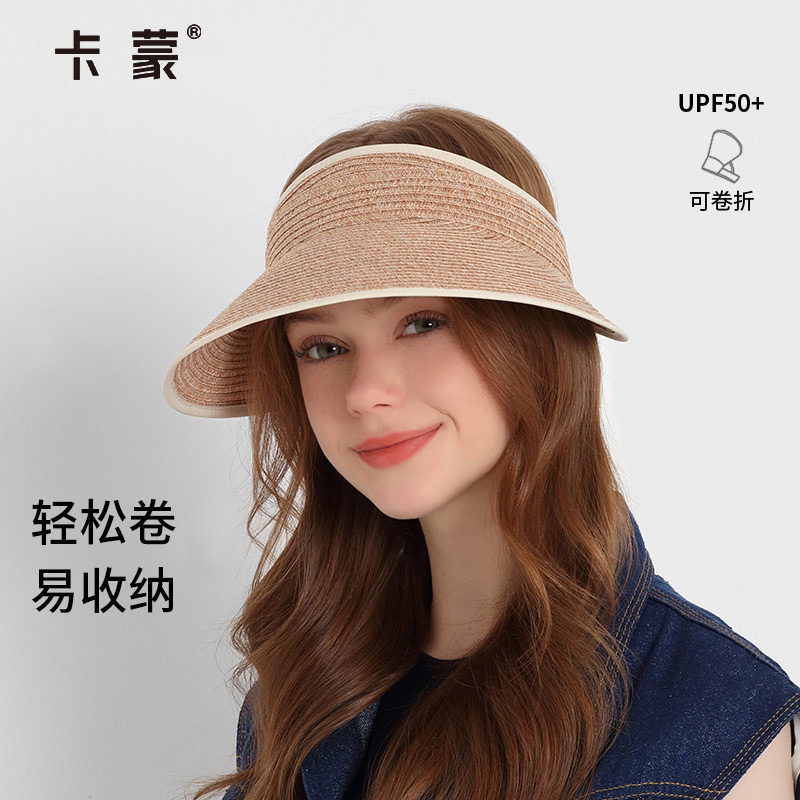 卡蒙草编蛋卷防晒贵妇草帽女夏季海边空顶防紫外线可折叠遮阳帽子