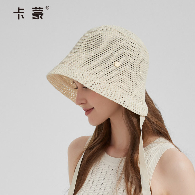卡蒙飘带渔夫帽大头围遮阳透气飞织休闲百搭帽子女2025新款显脸小