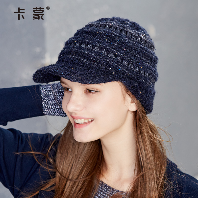 秋冬季保暖毛线帽带帽檐女士双层针织帽子羊驼毛混纺护耳朵防寒帽