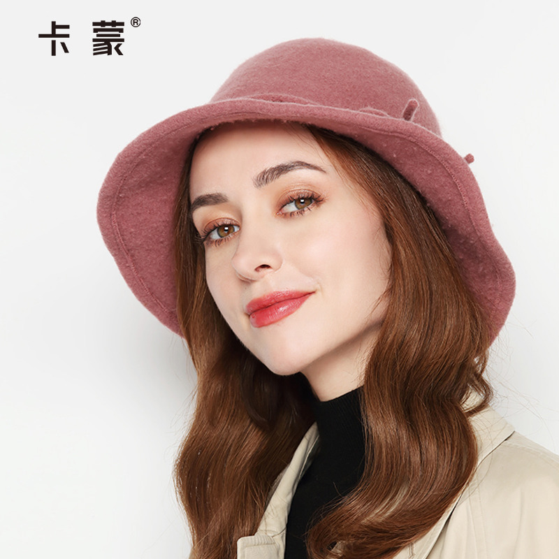 卡蒙英伦圆顶纯色宽檐羊毛礼帽