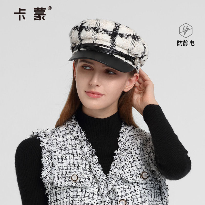 卡蒙日系时尚格纹绵羊毛保暖鸭舌贝雷帽女秋冬英伦复古蓓蕾帽圆脸