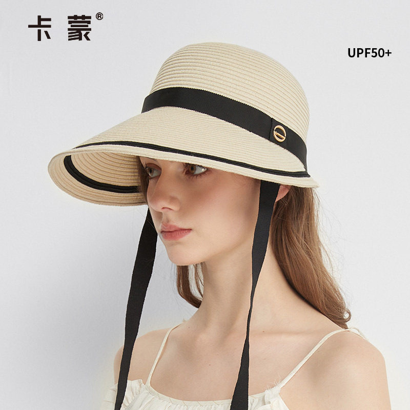 卡蒙防晒帽大帽檐女鸭舌帽防紫外线赫本风飘带草帽旅游度假太阳帽