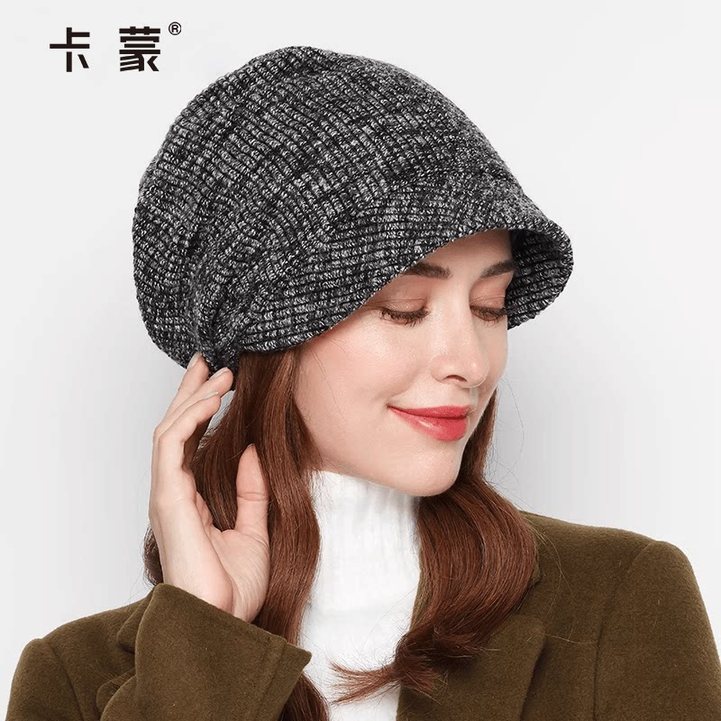 卡蒙女帽子保暖加绒秋冬贝雷帽时尚针织帽檐款冷帽加厚后托堆堆帽
