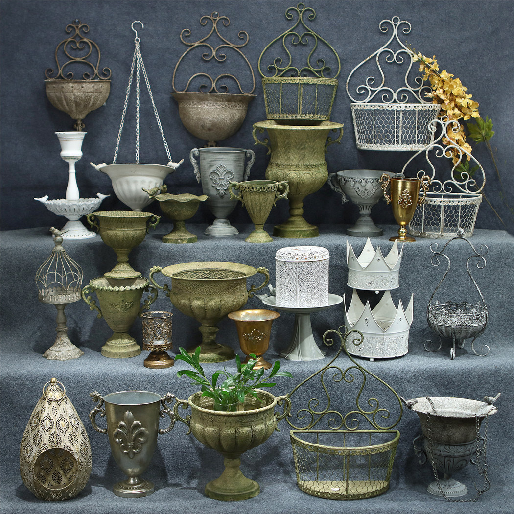 复古奖杯花盆铁艺户外庭院花园杂货露台装饰欧式法式铁艺高脚花器