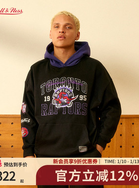 Mitchell&Ness卫衣猛龙勇士美式重磅撞色保暖连帽运动卫衣男MN