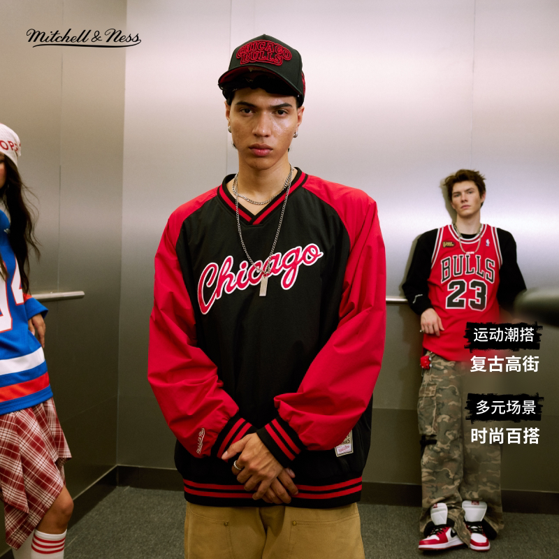 Mitchell&Ness卫衣潮流美式复古拼接百搭宽松长袖棒球T恤情侣MN