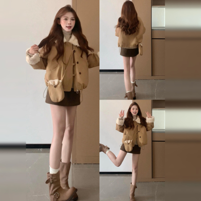 皮毛一体翻领羊羔毛外套女秋冬2025新款韩系巨好看小个子短款上衣