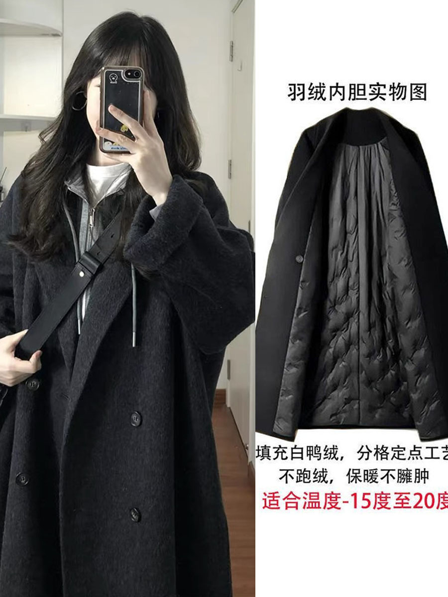 高级感韩系黑色羽绒服内胆毛呢外套女秋冬季中长款小个子宽松大衣