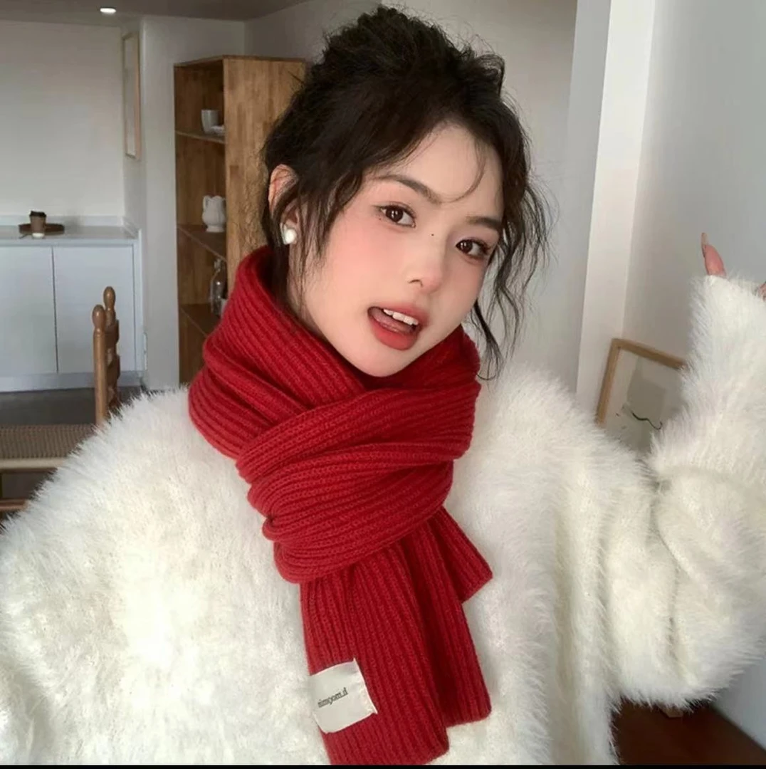 红色围巾女款2025新款冬季韩系氛围感高级感新年蓝色围脖百搭秋冬