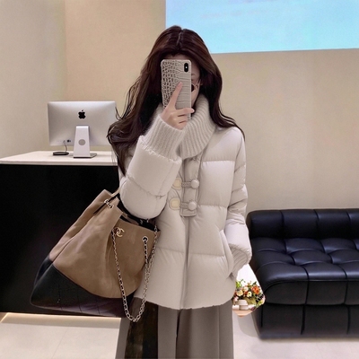 高级设计感小香风针织翻领羽绒棉服女冬季新款大码胖mm棉衣厚外套