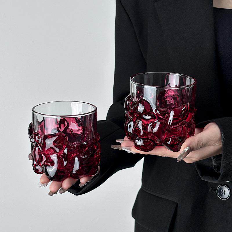 复古玫红加厚玻璃洋酒杯岩块咖啡杯家用创意威士忌杯子高级感