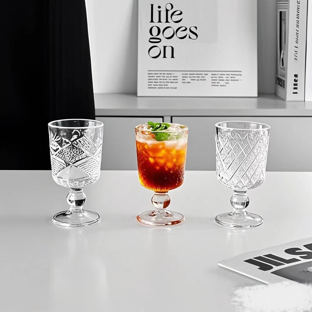 创意刻花白酒杯玻璃杯迷你烧酒清酒杯高脚杯侘寂风一口杯小酒杯子