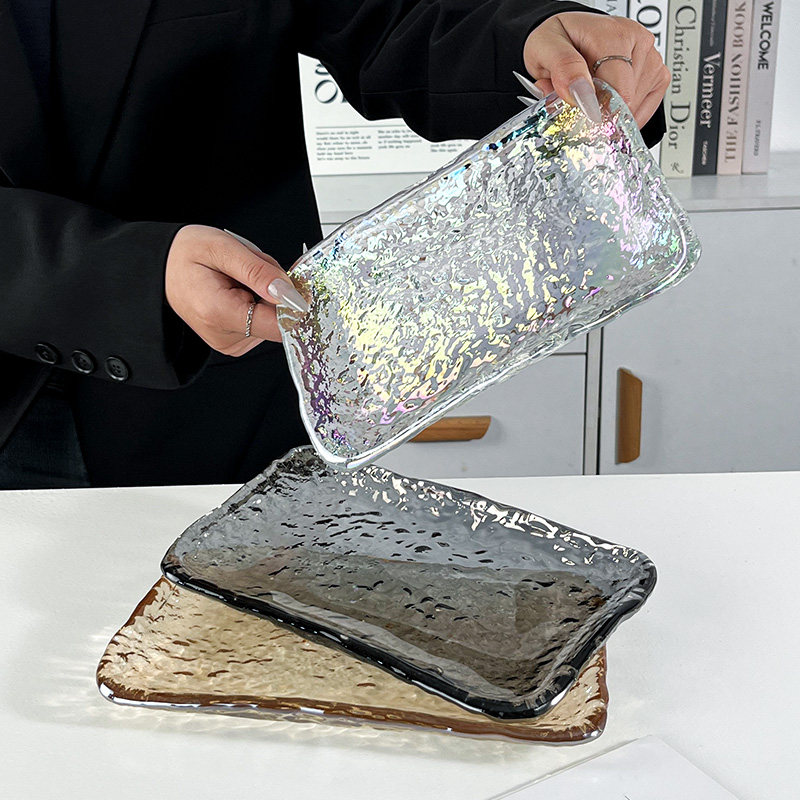 日式ins风不规则冰川玻璃盘子家用点心碟水果盘圆形甜品托盘餐具
