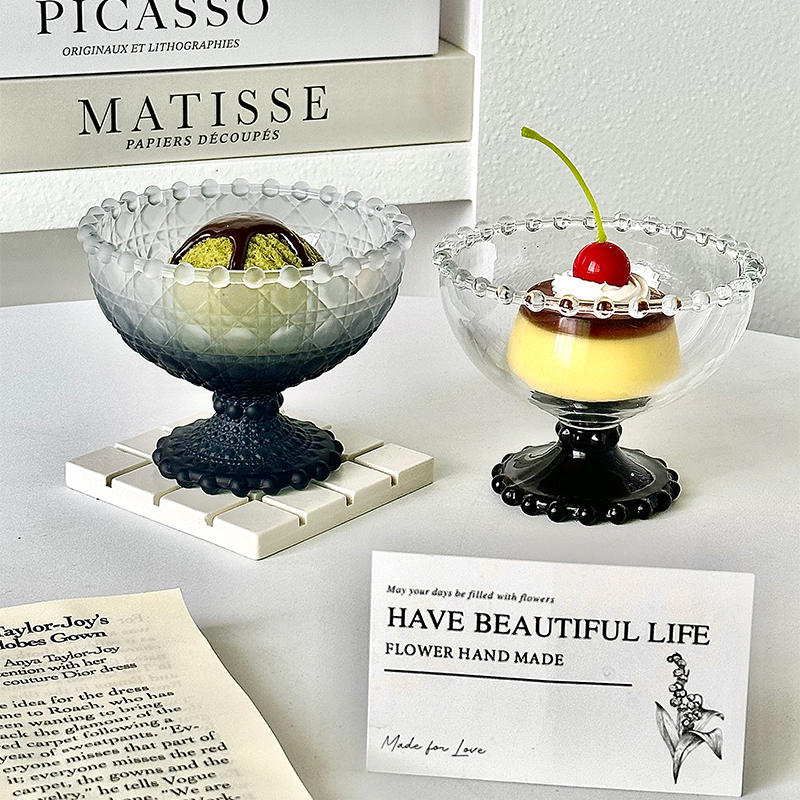 小众珠边矮脚甜品碗冰淇淋雪糕碗糖水碗玻璃杯果汁杯冷饮杯甜点碗