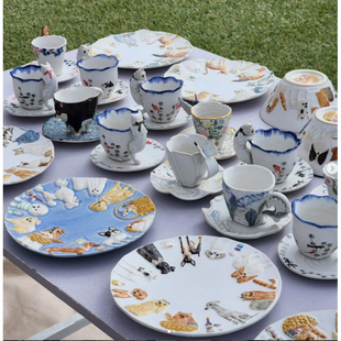 日本本土代购手工陶土陶艺玩具摆件手绘可爱猫狗样茶杯立体碗碟马