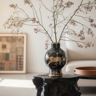 新中式陶瓷花瓶黑色椭圆形客厅台面装饰品中式风