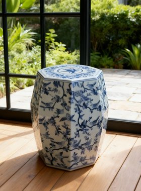 新中式青花瓷花鸟鼓凳收纳摆件