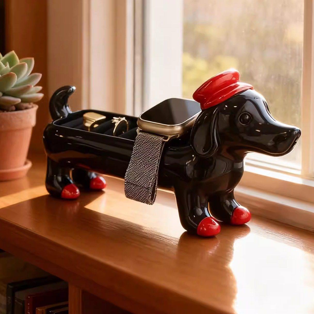 新款腊肠狗戒指收纳摆件创意手表充电支架桌面装饰首饰盒收纳展架