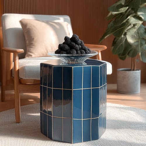 现代轻奢深海蓝陶瓷绣墩金线格纹边几凳北欧风客厅沙发旁装饰坐墩