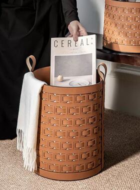 轻奢几何皮革藤编圆筒收纳摆件