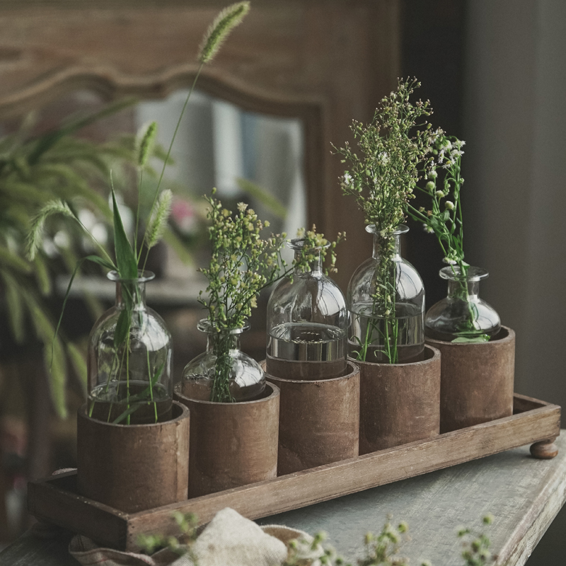 道尔顿5个小花瓶套装实木复古做旧底座透明玻璃花瓶客厅插花花器