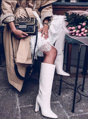 2021秋冬新款白色圆头粗跟靴高筒靴女鞋超高跟纯色欧美宫廷风大码