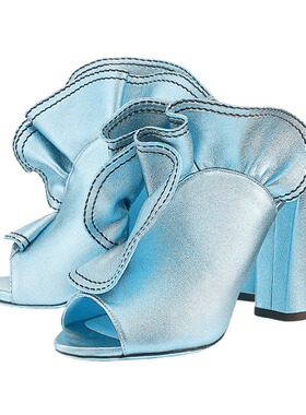 2021夏季新金属皮浅蓝色浅绿色荷花边粗跟鱼嘴拖鞋小众另类款轻奢