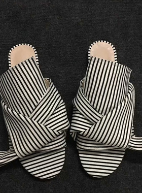 2019夏季新款女黑白条纹平跟拖超大蝴蝶潮女凉鞋舒适百搭款大码44