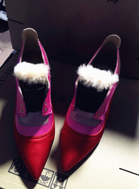 2021新秋尖头拼色丝绸布橡筋羊毛深蓝橘绿色设计感小众款高跟女鞋