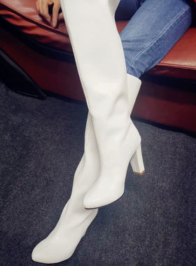 2021靴圆头超高粗跟白色高筒靴10厘米舒适宽筒头层女士头层牛皮