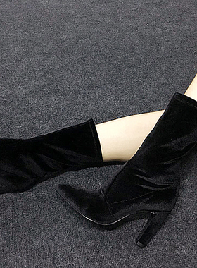 silla rulers 女鞋 靴子 尖头超高跟 走秀 宴会鞋 黑色 丝光绒