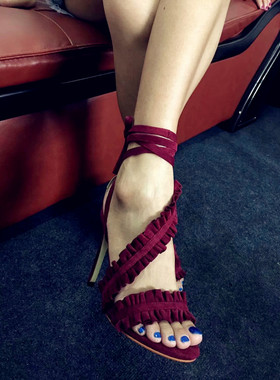 2020新款凉鞋女时尚仙女花边高跟酒红色细跟翠绿色大红色系带个性