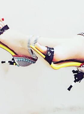 女凉鞋糖果鞋后流苏拼色舞台鞋10厘米跟吊坠条纹布黑色露趾牛皮黄