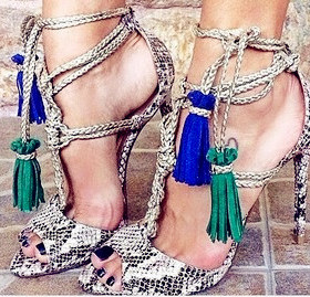 silla rulers女鞋凉鞋蛇纹流苏鞋拼色鞋真皮超高跟11厘米蓝色绿色