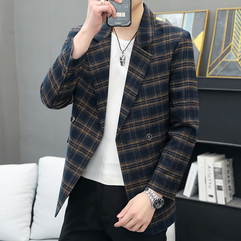 秋冬小西装男阔版年格子秋男士潮流双排扣休闲西服单西帅气1125u