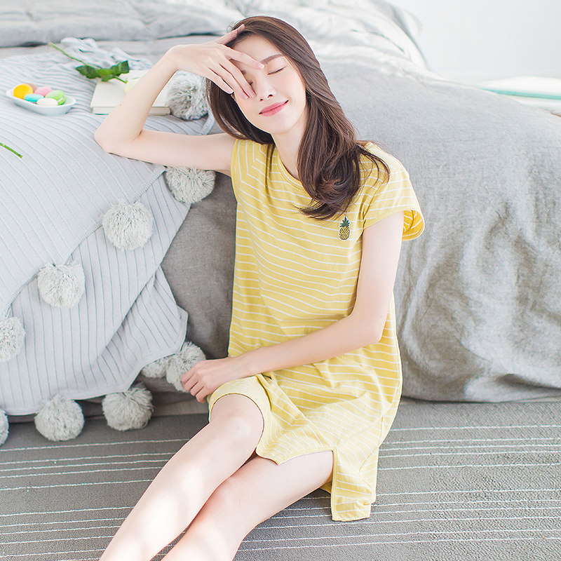 顶瓜瓜春夏纯棉舒适条纹睡衣顶呱呱女生短袖全棉家居服可爱睡裙