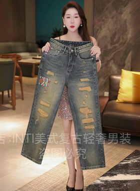 INTI秋冬美式高街原创浅蓝色多口袋高端男士牛仔裤宽松直筒阔腿裤