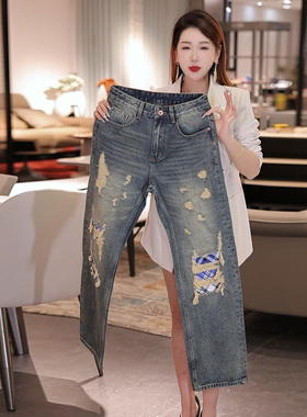 INTI秋冬潮牌牛仔裤男宽松大直筒破洞加长男士裤子个性补丁假破洞