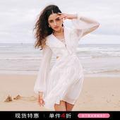 MIMI PLANGE 轻奢白瓷波光手工串珠立体花朵刺绣露背连衣裙新